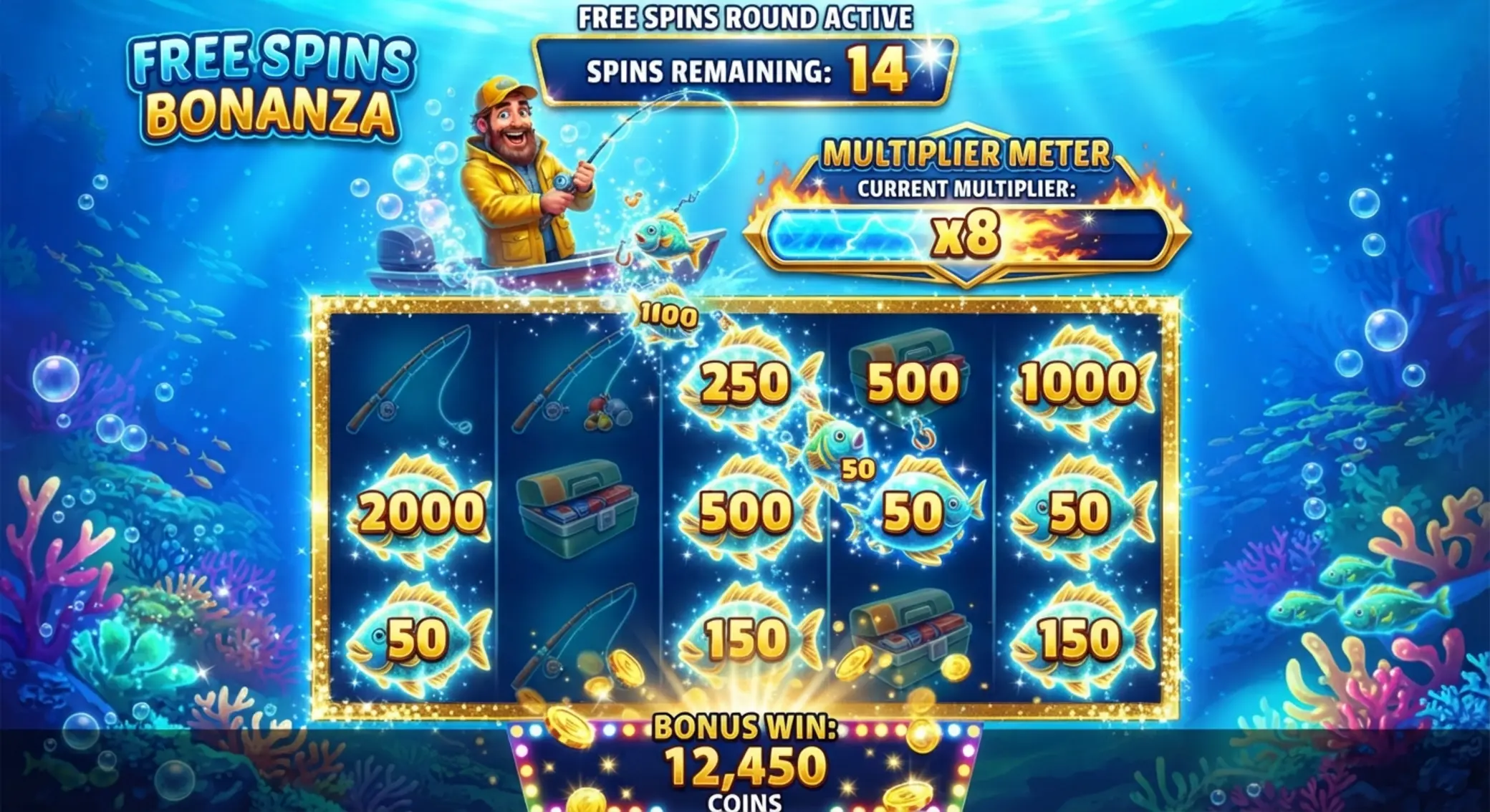 Bónuszkör illusztráció free spinsekkel és money szimbólumokkal