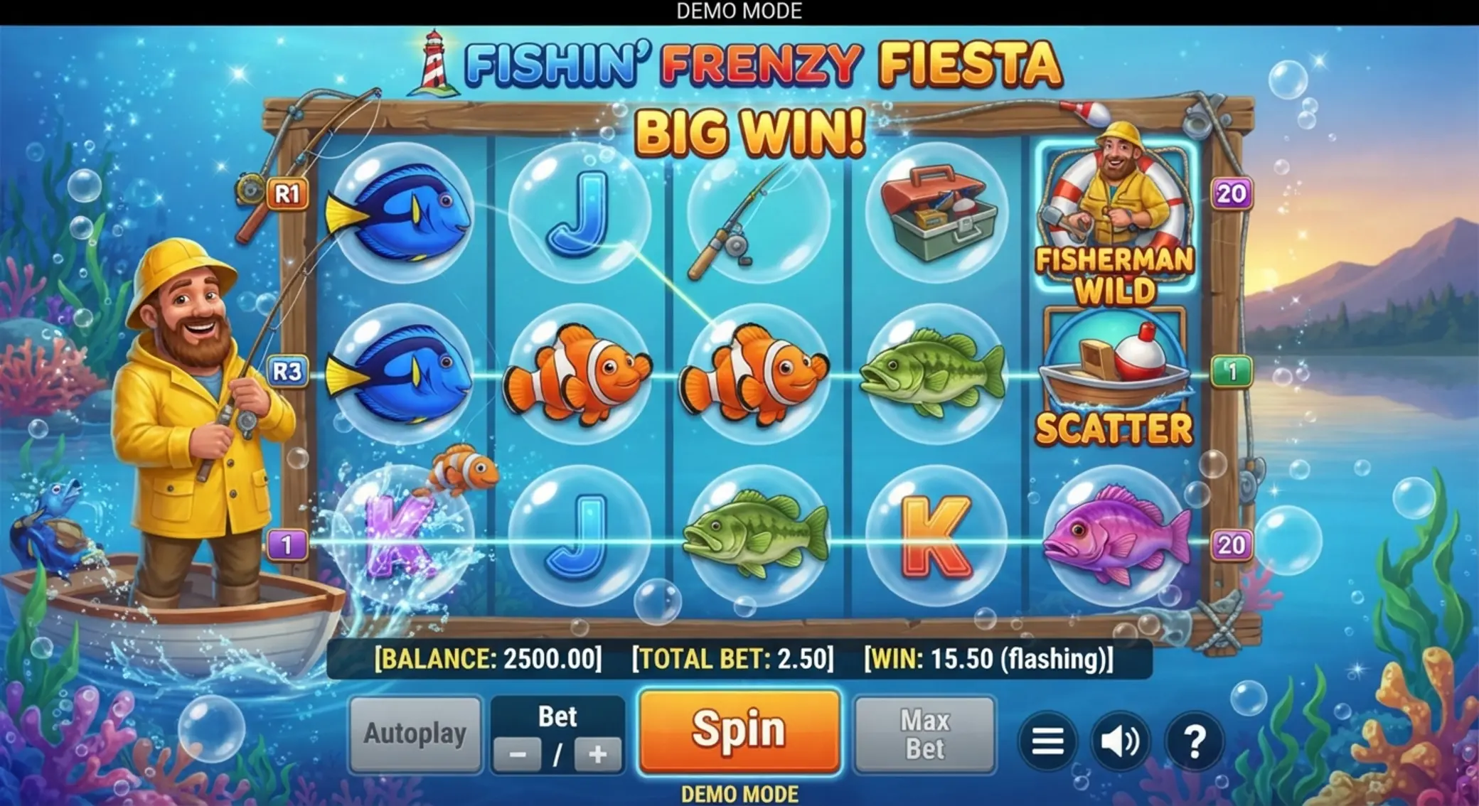 Big Bass Bonanza demo felület horgász témájú tárcsákkal