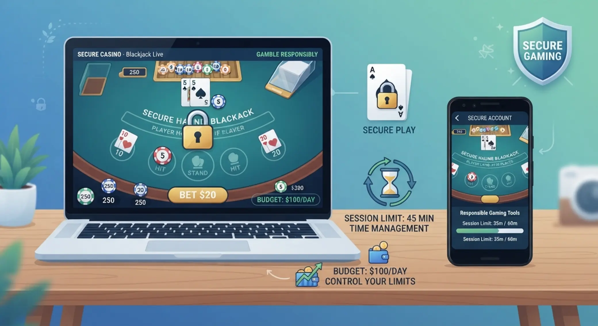 Biztonságos online blackjack és felelős játék illusztráció