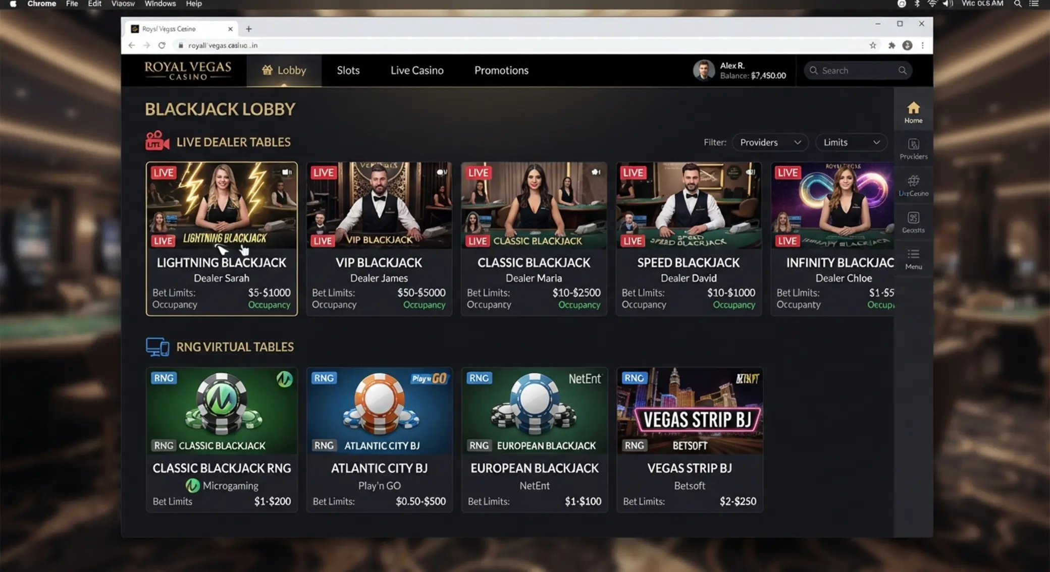 Blackjack választófelület több asztallal