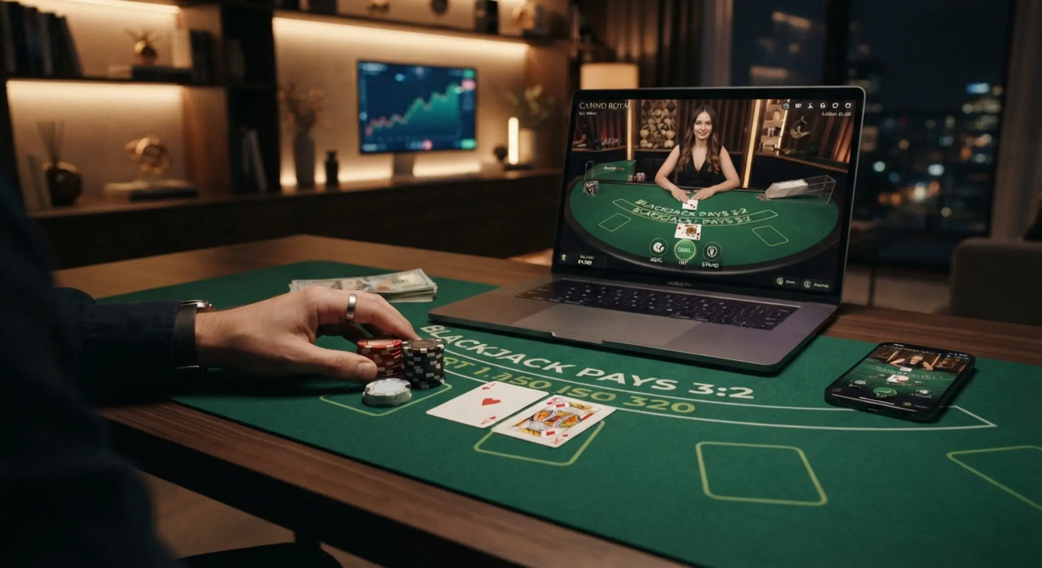 Online blackjack asztal monitorral és kártyákkal