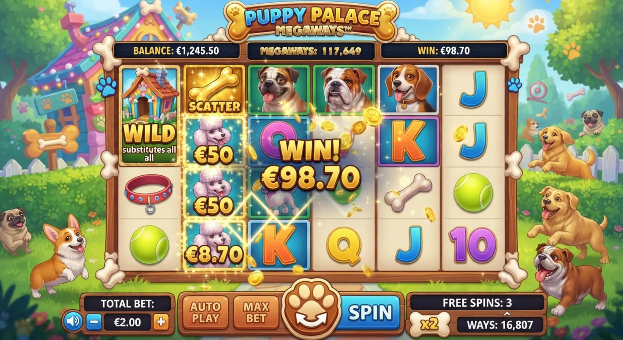 Kutyás témájú Megaways slot játéktábla