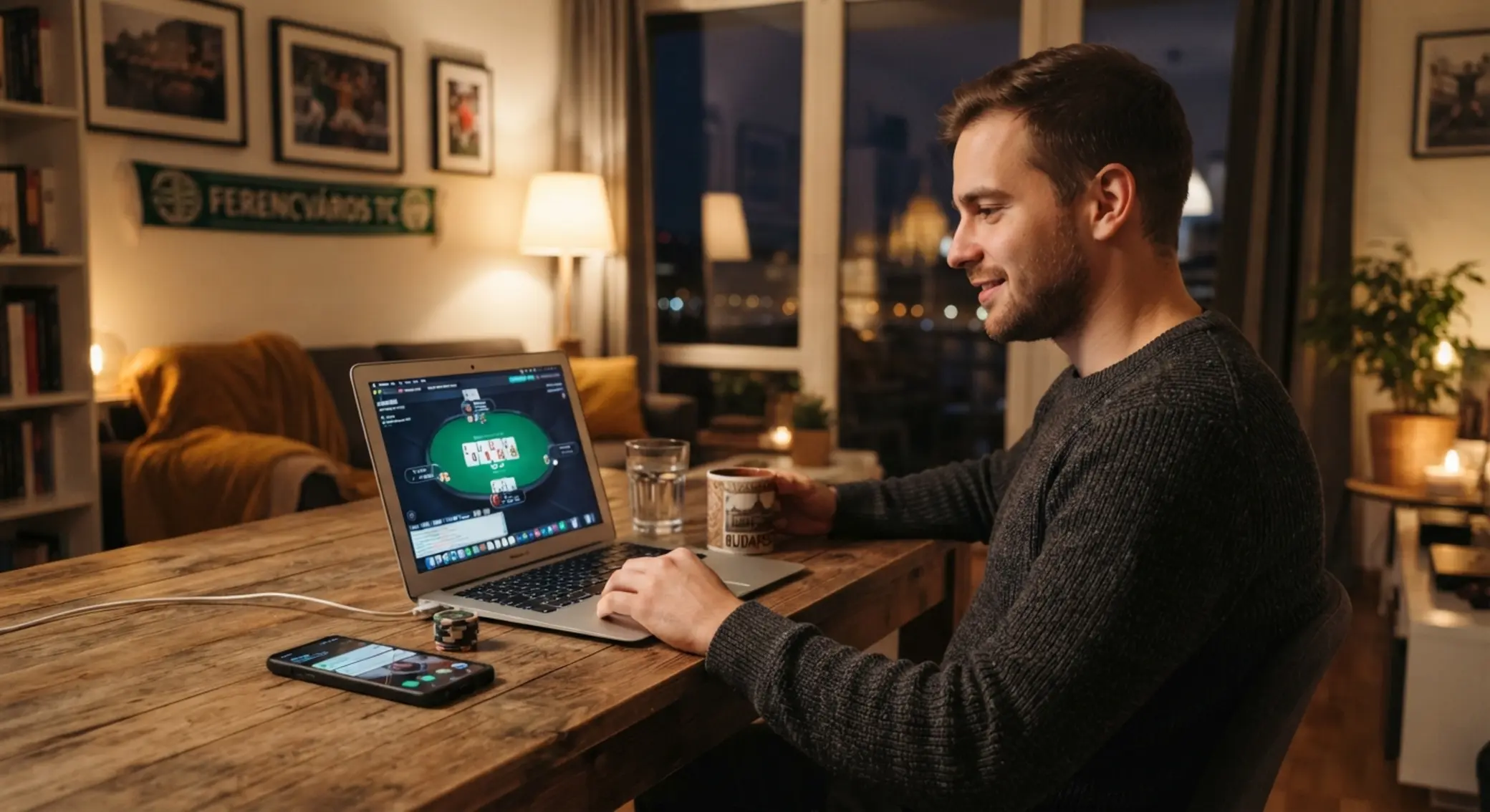 Magyar játékos online pókerezik otthon laptopon