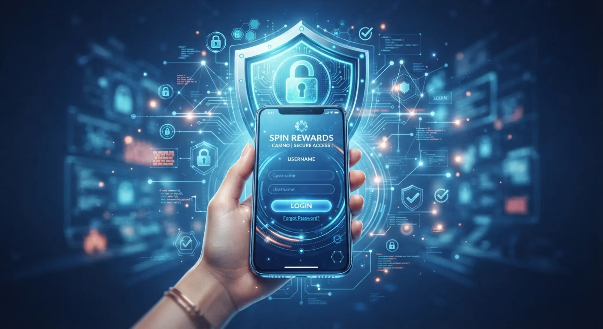 Biztonsági illusztráció pajzzsal, lakattal és mobilos login képernyővel