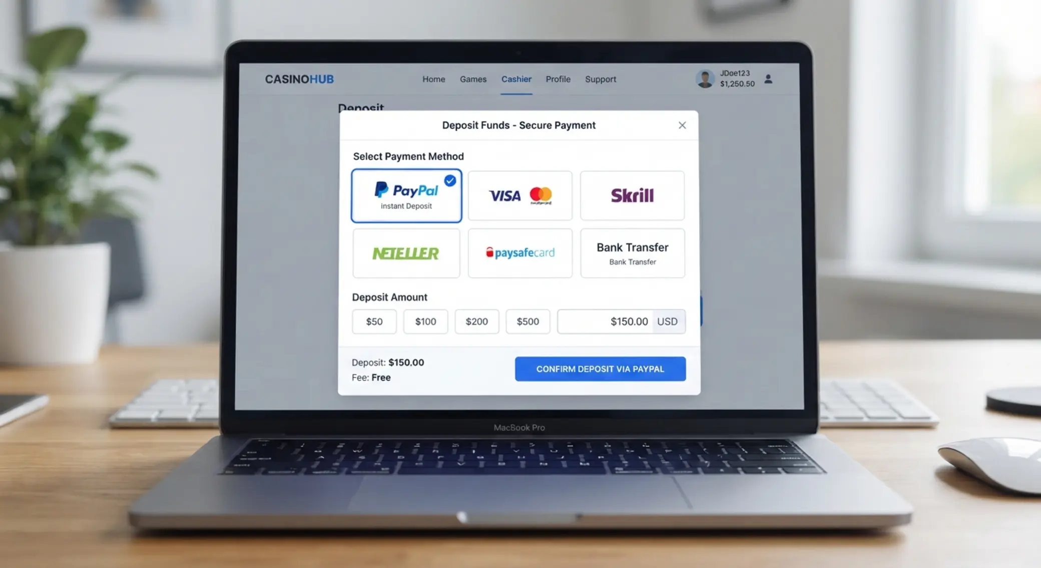 PayPal befizetés online kaszinóban Kaszinó pénztár képernyő kiemelt PayPal fizetési móddal