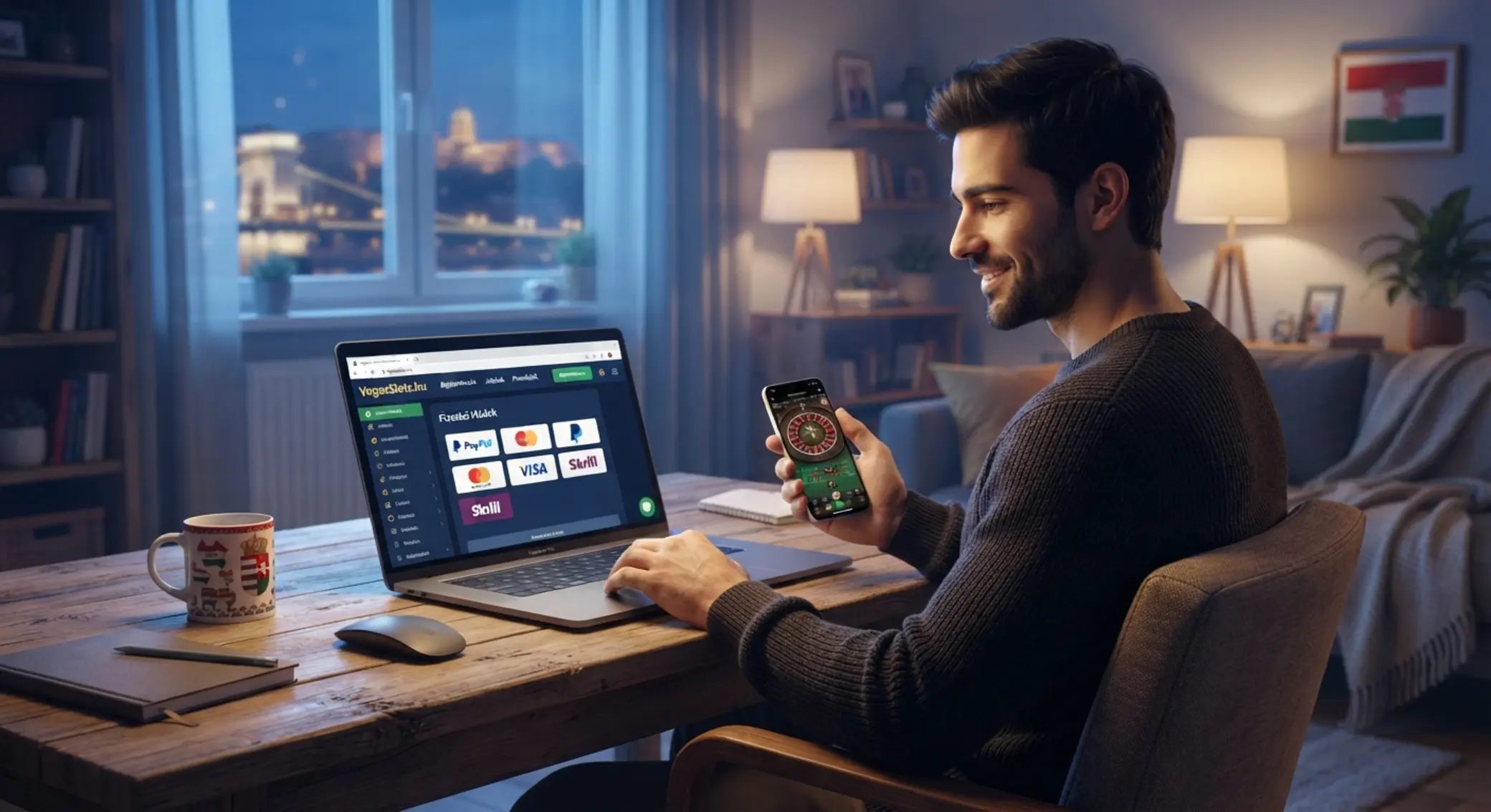 PayPal az online kaszinókban Játékos online kaszinót néz laptopon és mobilon PayPal fizetéssel