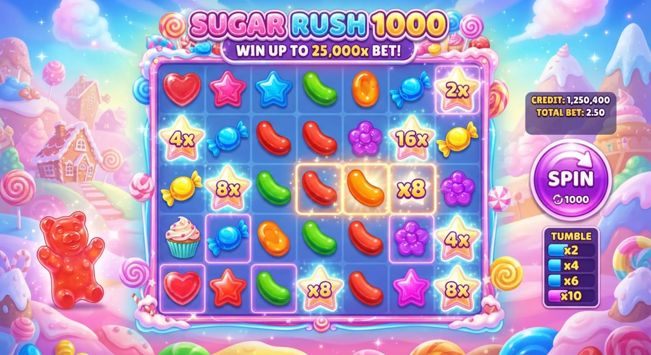 Sugar Rush 1000 stílusú nyerőgép cukorkás háttérrel és 7x7 rácshoz hasonló elrendezéssel